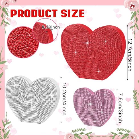 Queekay 3 Pcs Rhinestone Valentine's Day Heart Wood Sign Wooden Heart Tray Decor Heart Shaped Table Decorations Freestanding Centerpiece with Rhinestone Decor for Home Kitchen Wedding Party 3 Size in Saudi Arabia