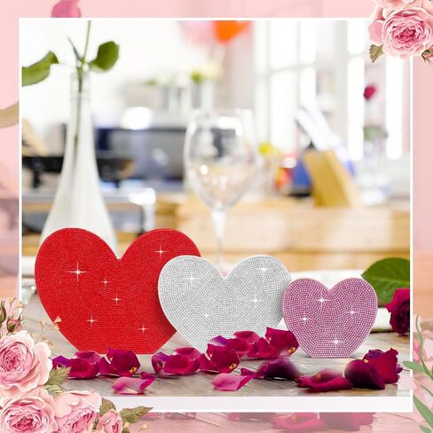Queekay 3 Pcs Rhinestone Valentine's Day Heart Wood Sign Wooden Heart Tray Decor Heart Shaped Table Decorations Freestanding Centerpiece with Rhinestone Decor for Home Kitchen Wedding Party 3 Size in Saudi Arabia