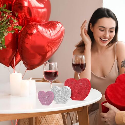 Queekay 3 Pcs Rhinestone Valentine's Day Heart Wood Sign Wooden Heart Tray Decor Heart Shaped Table Decorations Freestanding Centerpiece with Rhinestone Decor for Home Kitchen Wedding Party 3 Size in Saudi Arabia