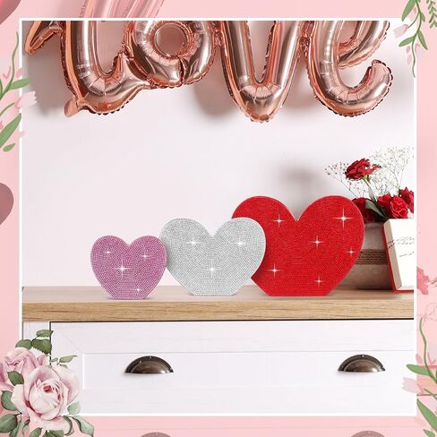 Queekay 3 Pcs Rhinestone Valentine's Day Heart Wood Sign Wooden Heart Tray Decor Heart Shaped Table Decorations Freestanding Centerpiece with Rhinestone Decor for Home Kitchen Wedding Party 3 Size in Saudi Arabia