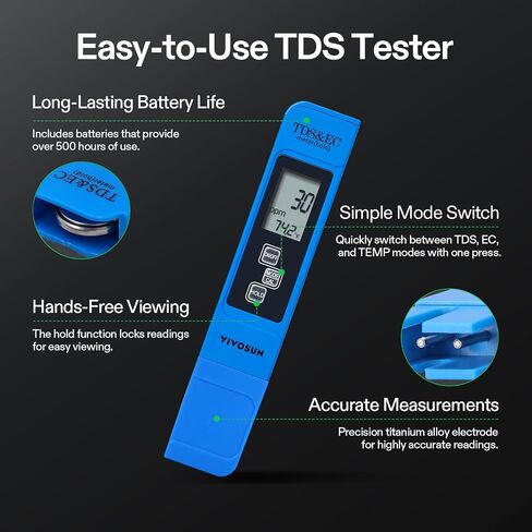 VIVOSUN pH and TDS Meter Combo, 0.05ph High Accuracy Pen Type pH Meter ± 2% Readout Accuracy 3-in-1 TDS EC Temperature Meter for Hydroponics, Household Drinking, and Aquarium, UL Certified in Kuwait