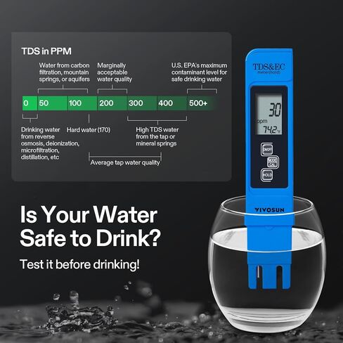 VIVOSUN pH and TDS Meter Combo, 0.05ph High Accuracy Pen Type pH Meter ± 2% Readout Accuracy 3-in-1 TDS EC Temperature Meter for Hydroponics, Household Drinking, and Aquarium, UL Certified in Kuwait