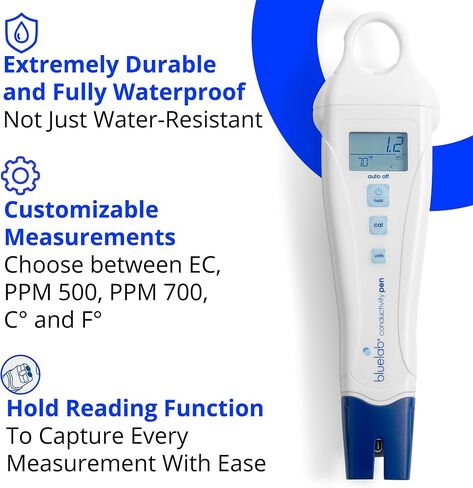 Bluelab Conductivity Pen Meter and Probe Care Kit pH and Conductivity-Water, Temperature and Nutrient Tester (CF, EC, PPM 500/700) with EC Solution and Cleaner for Hydroponics and Indoor Growing in Kuwait