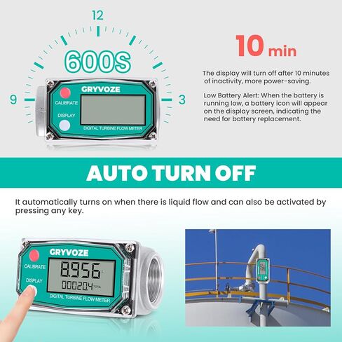 مقياس تدفق الوقود التوربيني الرقمي مقاس 1 بوصة من GRYVOZE، مقياس تدفق خيط NPT مضمن 2.6-26 GPM مع محولات 3/4 بوصة للمياه والديزل وزيت الغاز والبنزين والسوائل الأخرى - يدعم جالون، QTS، PTS، L، m³ in Kuwait