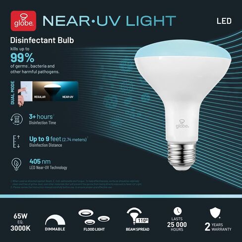 Globe Electric 9-Watt Near-UV Light Disinfecting A19 E26 LED Light Bulb, 800 Lumens, 3000 Kelvin, Non-Dimmable in Saudi Arabia