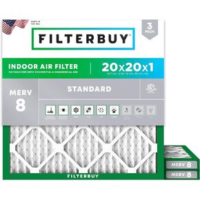Filterbuy 20x20x1 Air Filter MERV 8 Dust Defense (3-Pack), Pleated HVAC AC Furnace Air Filters Replacement (Actual Size: 19.50 x 19.50 x 0.75 Inches)