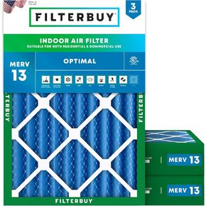 Filterbuy 20x25x4 Air Filter MERV 13 Optimal Defense (3-Pack), Pleated HVAC AC Furnace Air Filters Replacement (Actual Size: 19.38 x 24.38 x 3.63 Inches)