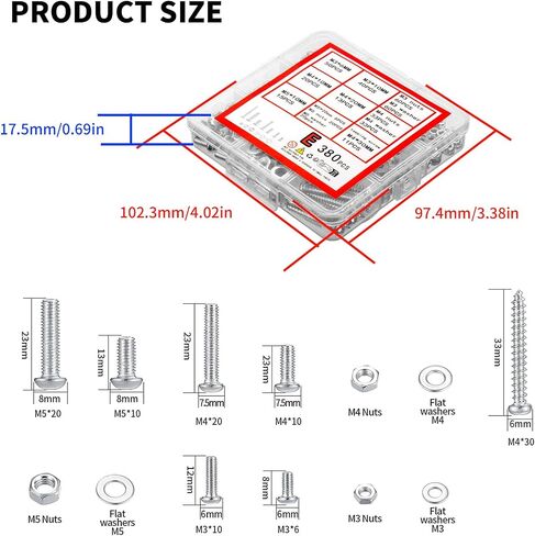 550 Pcs Machine Screws and Nuts and Bolts and Flat Washers Hardware Assortment Kit, M3/M4/M5 Phillips Pan Round Head Set, with Storage Case - 12 Sizes in Kuwait