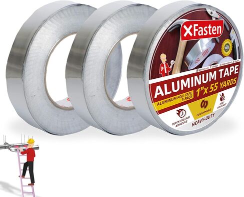شريط لاصق عاكس من رقائق الألومنيوم من XFasten، 3.6 مل، 2.5 بوصة × 55 ياردة، 3 حزم، شريط قناة معدني من الألومنيوم HVAC عالي التحمل للأنابيب المعدنية، وفتحات الهواء، الفرن، ووحدات التيار المتردد in Kuwait