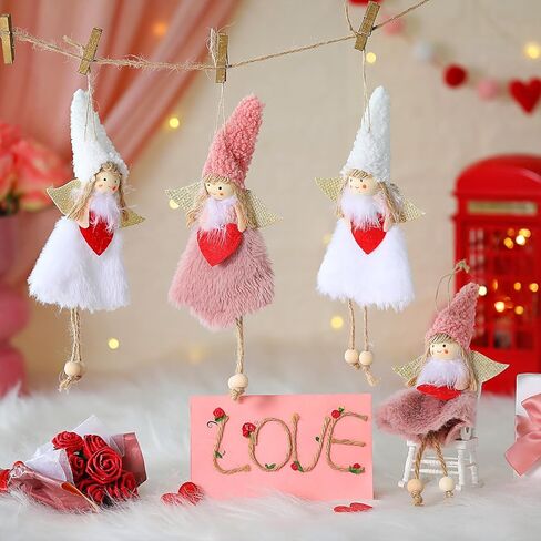 6 قطع من زخارف دمية الملاك لعيد الحب من القطيفة، زينة يد الملاك المعلقة مزينة بقلب أحمر، حرف ملاك، ديكور الجان للمنزل، باب الشجرة، ديكور حفلات الحائط، طرازان، وردي، أبيض in Kuwait
