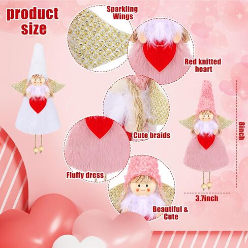 6 قطع من زخارف دمية الملاك لعيد الحب من القطيفة، زينة يد الملاك المعلقة مزينة بقلب أحمر، حرف ملاك، ديكور الجان للمنزل، باب الشجرة، ديكور حفلات الحائط، طرازان، وردي، أبيض in Kuwait