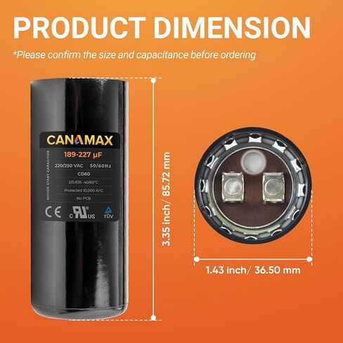 Canamax Premium 189-227 فائق التوهج/MFD 220-250 فولت تيار متردد مكثف بدء مستدير 50/60 هرتز تيار متردد كهربائي - مناسب تمامًا لتشغيل محرك التيار المتردد أو تشغيل المروحة ومكيف الهواء البارد أو المضخة الحرارية in Saudi Arabia