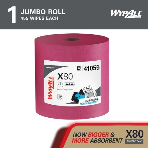 WypAll Power Clean X80 Heavy Duty Cloths (41055), Extended Use Jumbo Roll, Red, 475 Sheets / Roll, 1 Roll / Case in Saudi Arabia