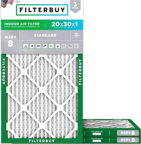 Filterbuy 12x36x1 فلتر هواء MERV 8 دفاع عن الغبار (3 عبوات)، استبدال مرشحات هواء فرن HVAC AC المطوية (الحجم الفعلي: 11.50 × 35.50 × 0.75 بوصة) in Kuwait