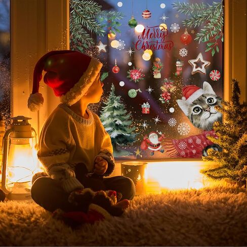 Christmas Cat Window Clings Decals Christmas Window Decorations Christmas Cat Window Stickers Winter Wonderland Decor for Office School Home Decorations Xmas Gifts in Kuwait