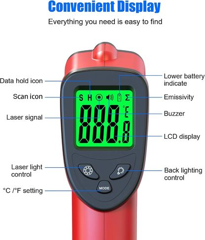Upgrade Infrared Thermometer Gun -58°F~1112°F, Non-Contact Digital Laser Thermometer Gun, IR Temperature Temp Gun with Adjustable Emissivity & Max Measure for Cooking/BBQ/Fridge/Engine(Not for Human) in Kuwait
