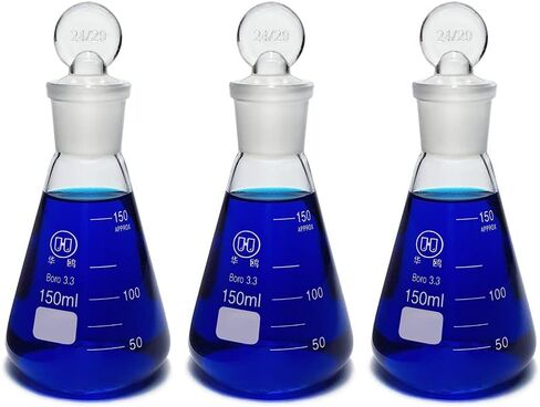 50ml Narrow Mouth Glass Erlenmeyer Flask with Ground Glass Stopper, 3.3 Borosilicate Glass Graduated Flask with Printed Graduation, HUAOU, Pack of 3 in Kuwait