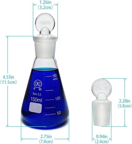 50ml Narrow Mouth Glass Erlenmeyer Flask with Ground Glass Stopper, 3.3 Borosilicate Glass Graduated Flask with Printed Graduation, HUAOU, Pack of 3 in Kuwait