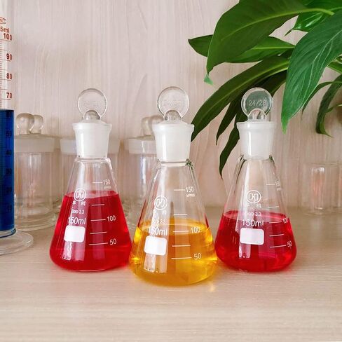 50ml Narrow Mouth Glass Erlenmeyer Flask with Ground Glass Stopper, 3.3 Borosilicate Glass Graduated Flask with Printed Graduation, HUAOU, Pack of 3 in Kuwait