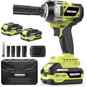 NINOUKO Cordless Impact Wrench 1/2 inch, 20V Electric Impact Gun 400N.m Brushless Impact Wrench Driver Kit 3000 RPM Variable Speed, High Torque, with 4.0Ah Battery & Fast Charger, Impact Sockets