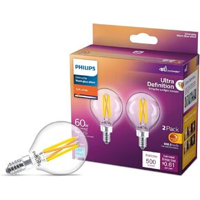 Philips LED Ultra Definition G16.5 Glass Light Bulb, EyeComfort Technology, Dimmable, 350 Lumen, Soft White Light (2700K), 3.5W=40W, E12 Base, 2-Pack (573303)