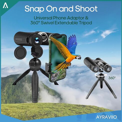 AYRAVIIO 12 × 42 مناظير للبالغين مع حامل للهواتف الذكية وحامل ثلاثي القوائم، هدايا عيد ميلاد للرجال والأب والزوج، تلسكوب مناظير عالي الطاقة مع رؤية مشرقة وكبيرة، أدوات لمراقبة الطيور in Kuwait