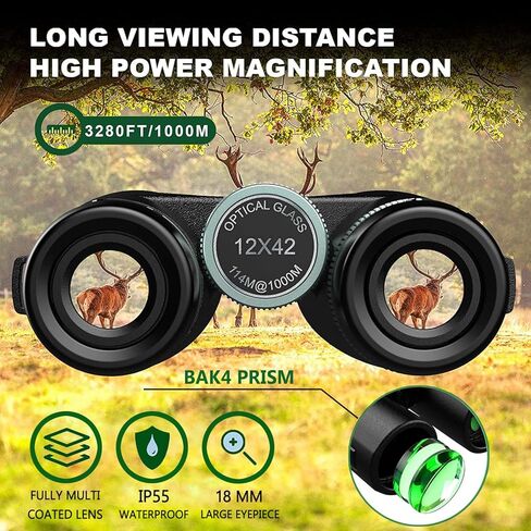 AYRAVIIO 12 × 42 مناظير للبالغين مع حامل للهواتف الذكية وحامل ثلاثي القوائم، هدايا عيد ميلاد للرجال والأب والزوج، تلسكوب مناظير عالي الطاقة مع رؤية مشرقة وكبيرة، أدوات لمراقبة الطيور in Kuwait