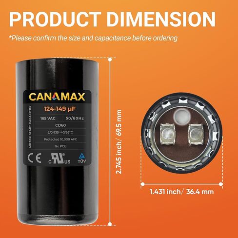 Canamax Premium 108-130 فائق التوهج/MFD 110-125 VAC ±20% فولت مكثف بدء مستدير 50/60 هرتز تيار متردد كهربائي - مناسب تمامًا للمحركات الكهربائية أحادية الطور in Saudi Arabia