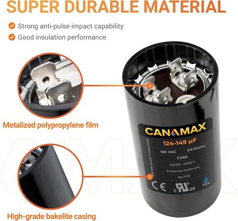 Canamax Premium 108-130 فائق التوهج/MFD 110-125 VAC ±20% فولت مكثف بدء مستدير 50/60 هرتز تيار متردد كهربائي - مناسب تمامًا للمحركات الكهربائية أحادية الطور in Saudi Arabia