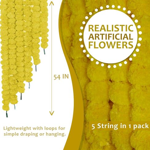 THE ART BOX 5 Pcs - 4.5 Feet Orange Artificial Marigold Garlands Halloween Diwali Decorations Wedding Fake Flowers Strands Fall Hanging Christmas India Festival Decor in Kuwait