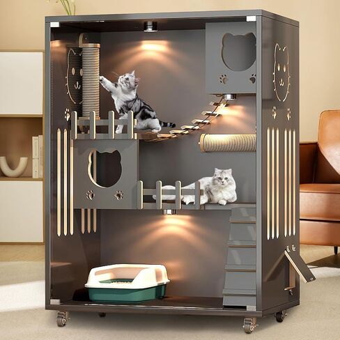 بيت القطط الخشبي قفص كبير للقطط مع عمود خدش، حاوية خشبية للقطط داخلية/خارجية مع عجلات، شقة مغلقة متعددة الميزات للقطط الداخلية وأبواب زجاجية للتهوية، 50 بوصة × 36 بوصة × 24 بوصة in Kuwait