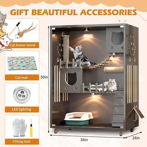 بيت القطط الخشبي قفص كبير للقطط مع عمود خدش، حاوية خشبية للقطط داخلية/خارجية مع عجلات، شقة مغلقة متعددة الميزات للقطط الداخلية وأبواب زجاجية للتهوية، 50 بوصة × 36 بوصة × 24 بوصة in Kuwait