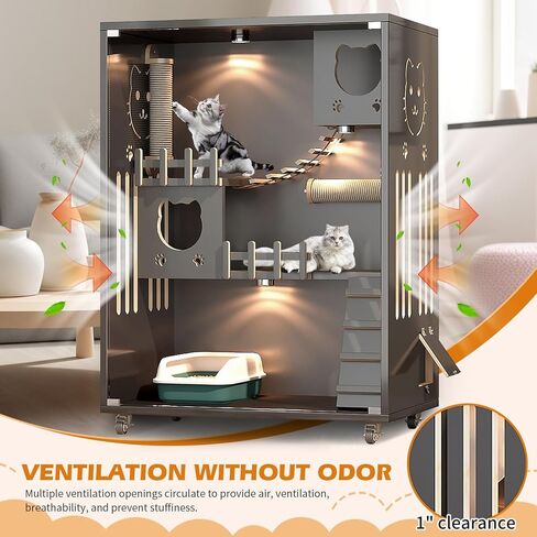 بيت القطط الخشبي قفص كبير للقطط مع عمود خدش، حاوية خشبية للقطط داخلية/خارجية مع عجلات، شقة مغلقة متعددة الميزات للقطط الداخلية وأبواب زجاجية للتهوية، 50 بوصة × 36 بوصة × 24 بوصة in Kuwait
