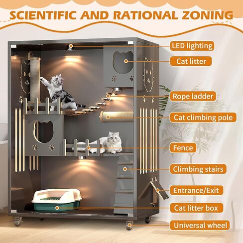 بيت القطط الخشبي قفص كبير للقطط مع عمود خدش، حاوية خشبية للقطط داخلية/خارجية مع عجلات، شقة مغلقة متعددة الميزات للقطط الداخلية وأبواب زجاجية للتهوية، 50 بوصة × 36 بوصة × 24 بوصة in Kuwait
