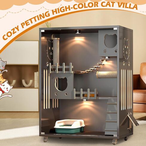 بيت القطط الخشبي قفص كبير للقطط مع عمود خدش، حاوية خشبية للقطط داخلية/خارجية مع عجلات، شقة مغلقة متعددة الميزات للقطط الداخلية وأبواب زجاجية للتهوية، 50 بوصة × 36 بوصة × 24 بوصة in Kuwait