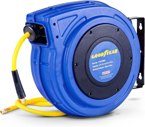 Goodyear Air Hose Reel Retractable 1/4" Inch x 50' Foot Premium Commercial Flex Hybrid Polymer Hose Max Heavy Duty Spring Driven Polypropylene Construction Lead-in Hose and PVC Handle in Saudi Arabia
