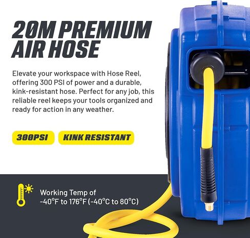 Goodyear Air Hose Reel Retractable 1/4" Inch x 50' Foot Premium Commercial Flex Hybrid Polymer Hose Max Heavy Duty Spring Driven Polypropylene Construction Lead-in Hose and PVC Handle in Saudi Arabia