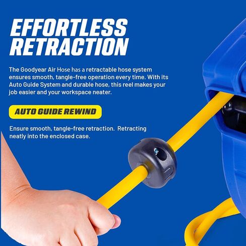 Goodyear Air Hose Reel Retractable 1/4" Inch x 50' Foot Premium Commercial Flex Hybrid Polymer Hose Max Heavy Duty Spring Driven Polypropylene Construction Lead-in Hose and PVC Handle in Saudi Arabia
