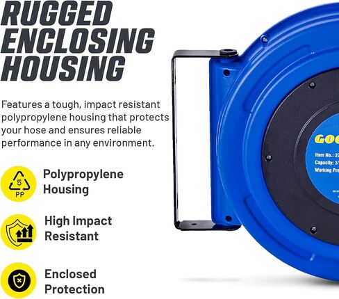 Goodyear Air Hose Reel Retractable 1/4" Inch x 50' Foot Premium Commercial Flex Hybrid Polymer Hose Max Heavy Duty Spring Driven Polypropylene Construction Lead-in Hose and PVC Handle in Saudi Arabia
