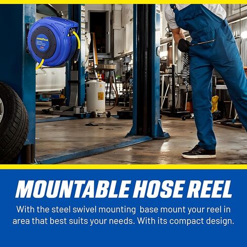 Goodyear Air Hose Reel Retractable 1/4" Inch x 50' Foot Premium Commercial Flex Hybrid Polymer Hose Max Heavy Duty Spring Driven Polypropylene Construction Lead-in Hose and PVC Handle in Saudi Arabia
