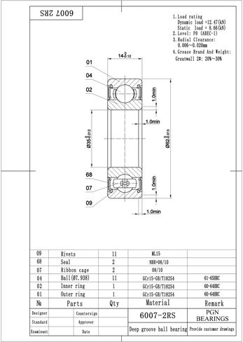 PGN (10 Pack) 6007-2RS Bearing - Lubricated Chrome Steel Sealed Ball Bearing - 35x62x14mm Bearings with Rubber Seal & High RPM Support in Saudi Arabia