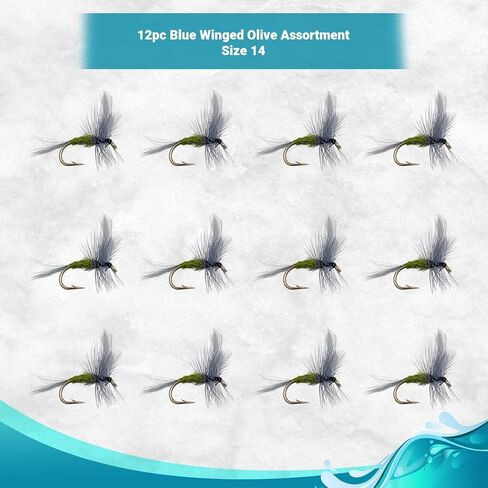 Feeder Creek Blue Wing Olive Parachute Flies, Handmade Dry Fly Assortment, 12pc in 4 Sizes. Sizes 12,14,16,18 (3 of Each Size), Great for Trout, Bass, Panfish & More in Saudi Arabia