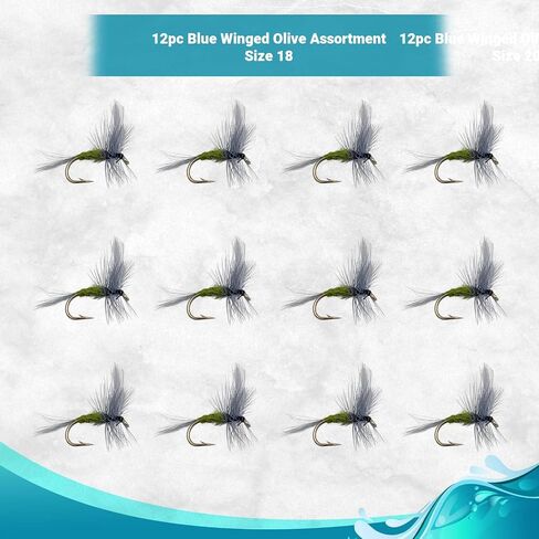 Feeder Creek Blue Wing Olive Parachute Flies, Handmade Dry Fly Assortment, 12pc in 4 Sizes. Sizes 12,14,16,18 (3 of Each Size), Great for Trout, Bass, Panfish & More in Saudi Arabia