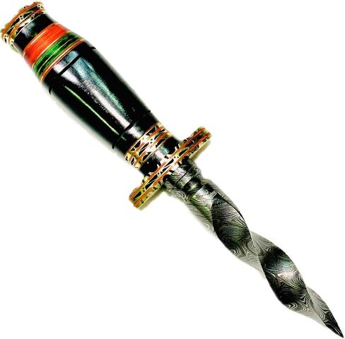NoonKnives: 10.5" Hand-made Damascus Steel blade Collectible Kris Handle Blue Pakka Wood with brass clip or brass pommel in Saudi Arabia