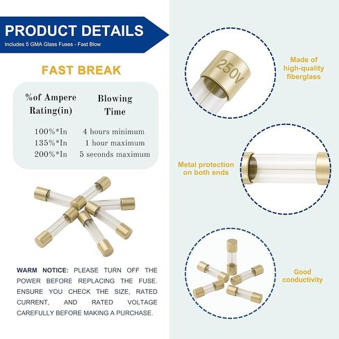 Techman - Pack of 5-500mA (0.500A) Glass Fuse (GMA), 250v, 5mm x 20mm (3/16" X 3/4") Fast Blow (Fast Acting) in Kuwait