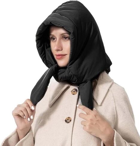 Women Down Cotton One Piece Hooded Scarf Hat Windproof Warm Earflap Hat Winter Thermal Trapper Hat with Chin Strap Black in Kuwait