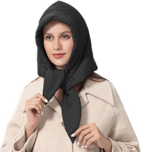 Women Down Cotton One Piece Hooded Scarf Hat Windproof Warm Earflap Hat Winter Thermal Trapper Hat with Chin Strap Black in Kuwait