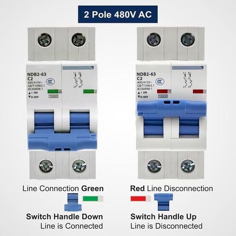 20 أمبير، 480 فولت تيار متردد، 2 قطب، قاطع دائرة مصغر مثبت على سكة حديد DIN، منحنى الرحلة: C، UL1077 in Kuwait