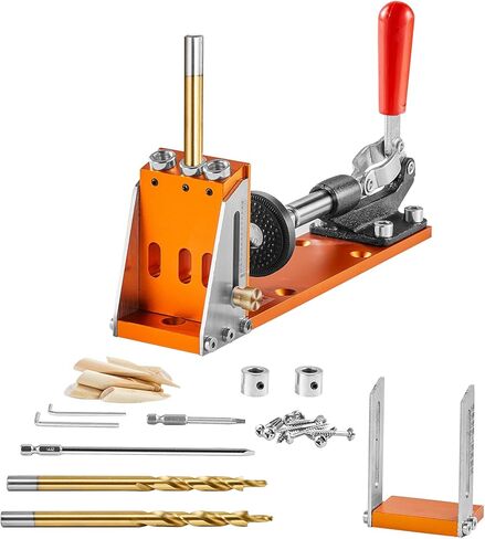 VEVOR Pocket Hole Jig، 56 قطعة نظام ثقب الجيب الصغير مع مشبك C 9 بوصة، مثقاب خطوة، مفتاح ربط، حلقة إيقاف الحفر، لقمة محرك مربعة، ومسامير، لمشاريع النجارة DIY in Kuwait