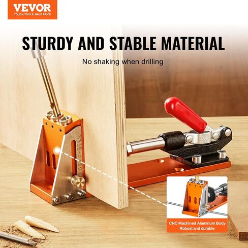 VEVOR Pocket Hole Jig، 56 قطعة نظام ثقب الجيب الصغير مع مشبك C 9 بوصة، مثقاب خطوة، مفتاح ربط، حلقة إيقاف الحفر، لقمة محرك مربعة، ومسامير، لمشاريع النجارة DIY in Kuwait